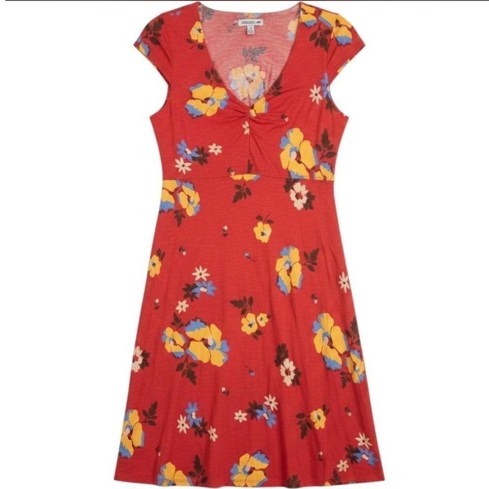Toad&Co Womens Red Floral V-Neck Cap Sleeve A-Line Dress Medium